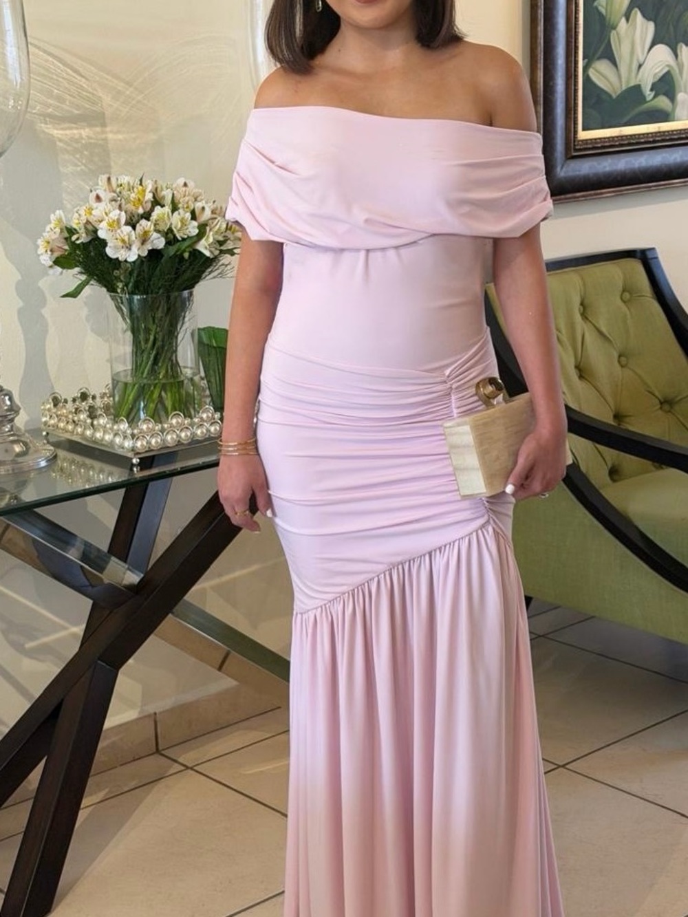 Off-Shoulder Blush Pink Evening Gown